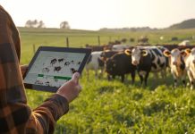 Importance of Livestock to Humans Man with tablet looking at screen with cows while cows are in pasture in front of him